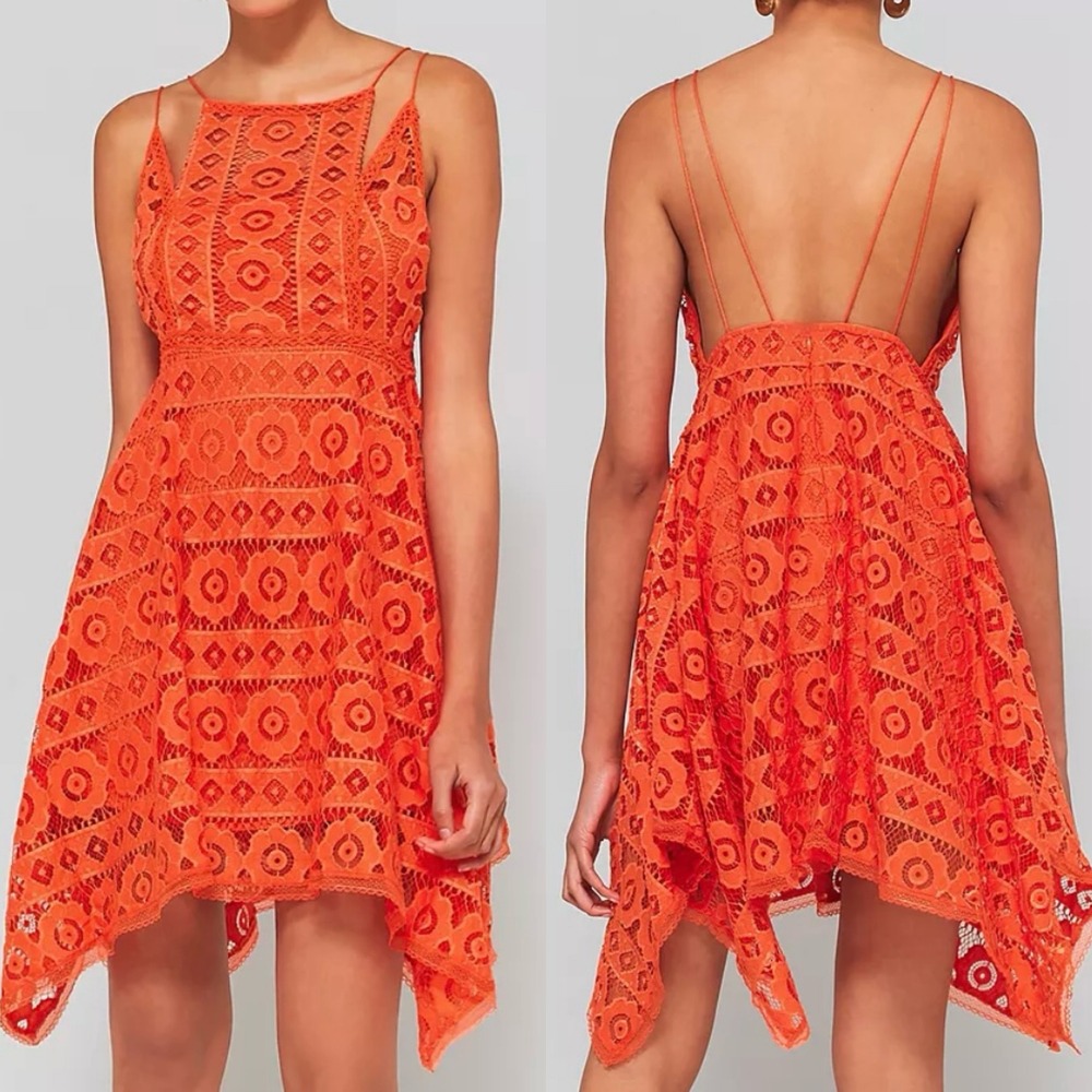Free People Orange Lace Handkerchief Hem Open Back Mini Dress 4
